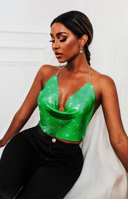 Drusilla Women's Sexy Metallic Sequin Halter Top