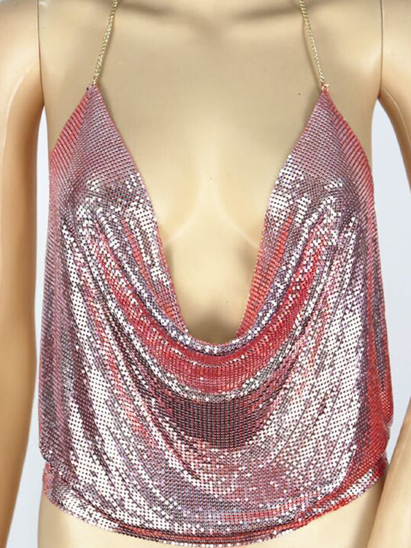 Drusilla Women's Sexy Metallic Sequin Halter Top