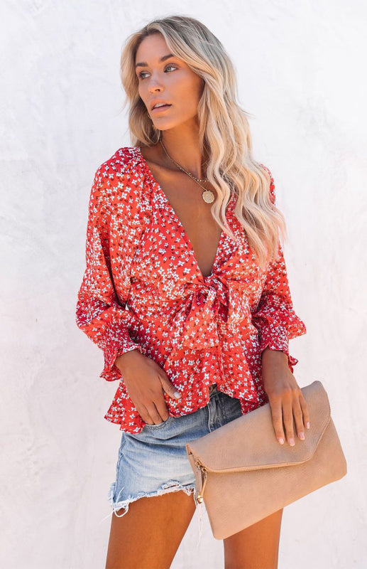 Dixie Women's Floral Print V-Neck Tie Waist Long Sleeve Shirt