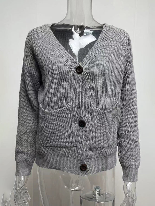 Eileen Solid V-Neck Single Breasted Long Sleeved Sweater