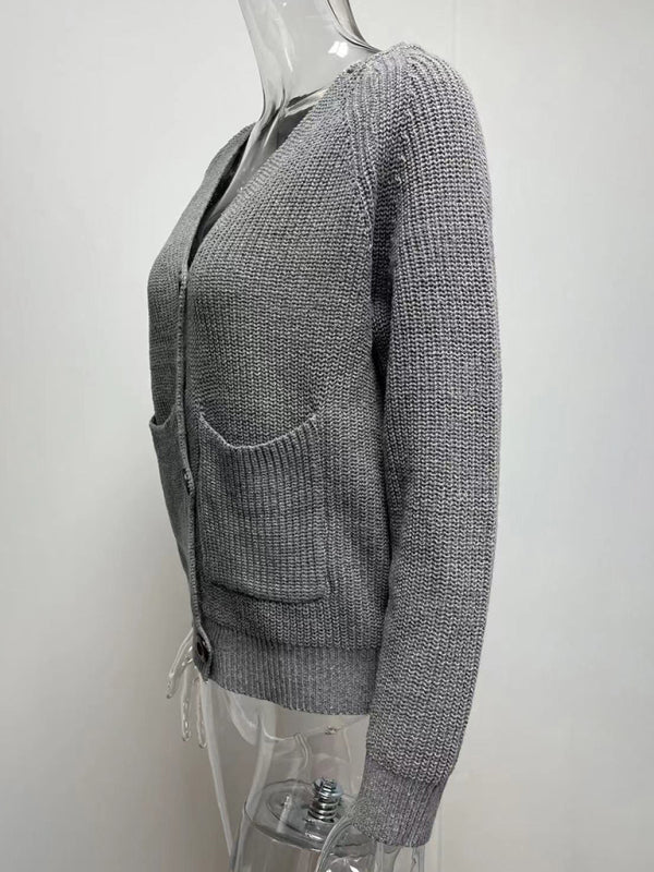 Eileen Solid V-Neck Single Breasted Long Sleeved Sweater