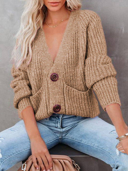 Eileen Solid V-Neck Single Breasted Long Sleeved Sweater
