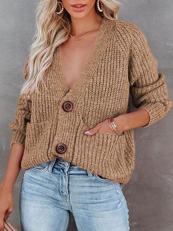 Eileen Solid V-Neck Single Breasted Long Sleeved Sweater