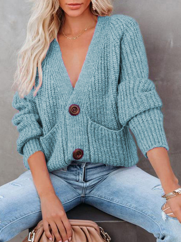Eileen Solid V-Neck Single Breasted Long Sleeved Sweater