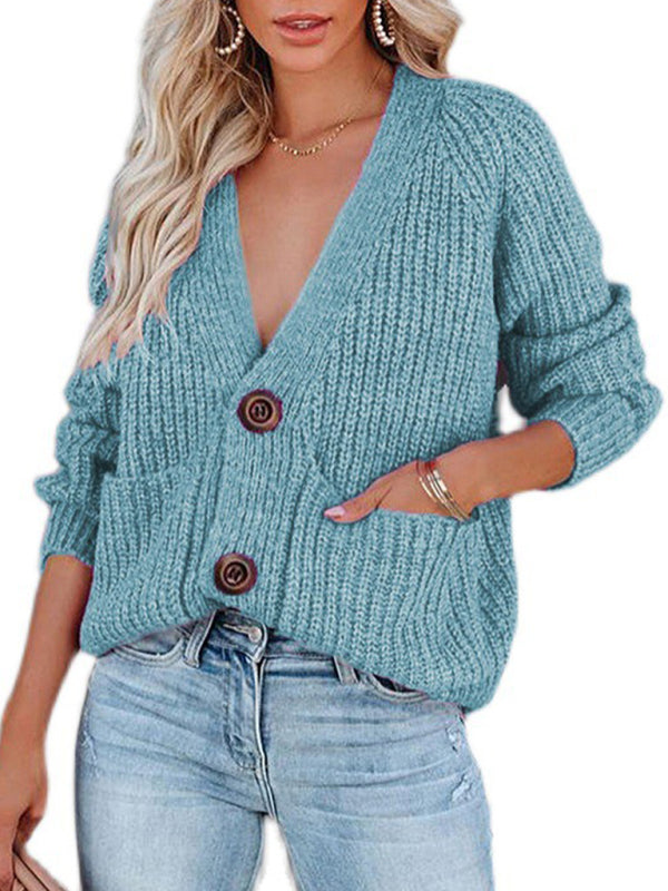 Eileen Solid V-Neck Single Breasted Long Sleeved Sweater