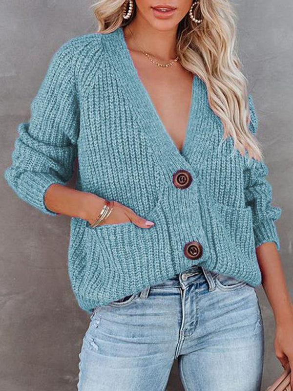 Eileen Solid V-Neck Single Breasted Long Sleeved Sweater