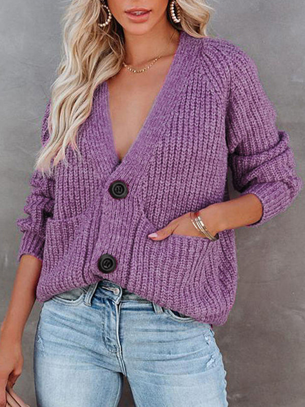 Eileen Solid V-Neck Single Breasted Long Sleeved Sweater