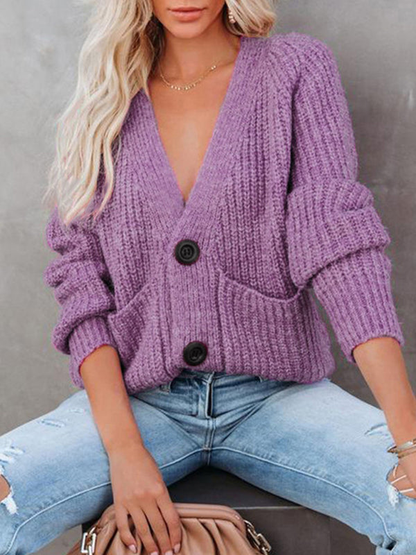 Eileen Solid V-Neck Single Breasted Long Sleeved Sweater