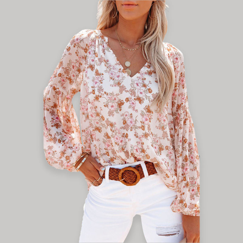 Cyra V-Neck Lantern Sleeve Curved Pendant Floral Print Chiffon Top