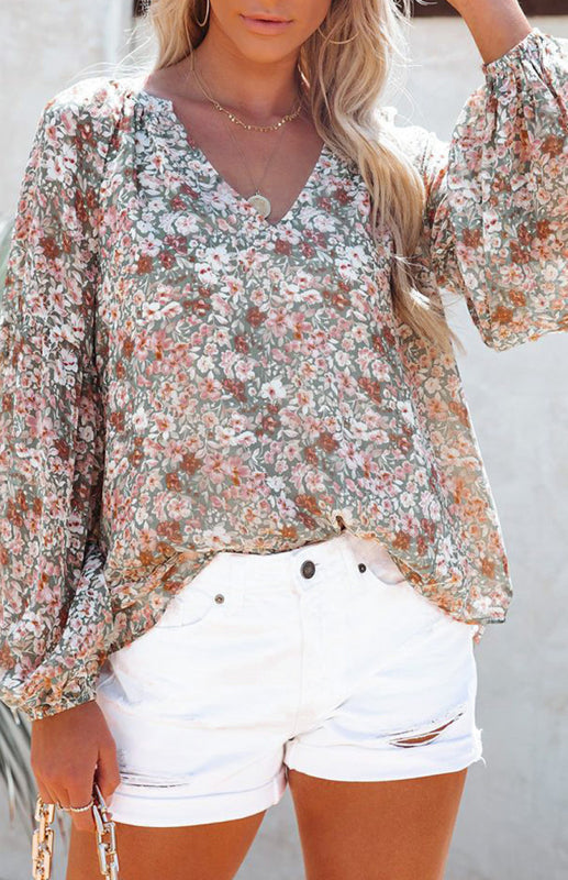 Cyra V-Neck Lantern Sleeve Curved Pendant Floral Print Chiffon Top