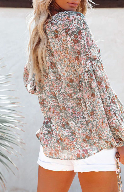 Cyra V-Neck Lantern Sleeve Curved Pendant Floral Print Chiffon Top