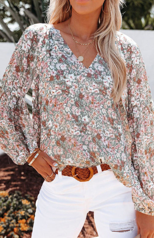 Cyra V-Neck Lantern Sleeve Curved Pendant Floral Print Chiffon Top