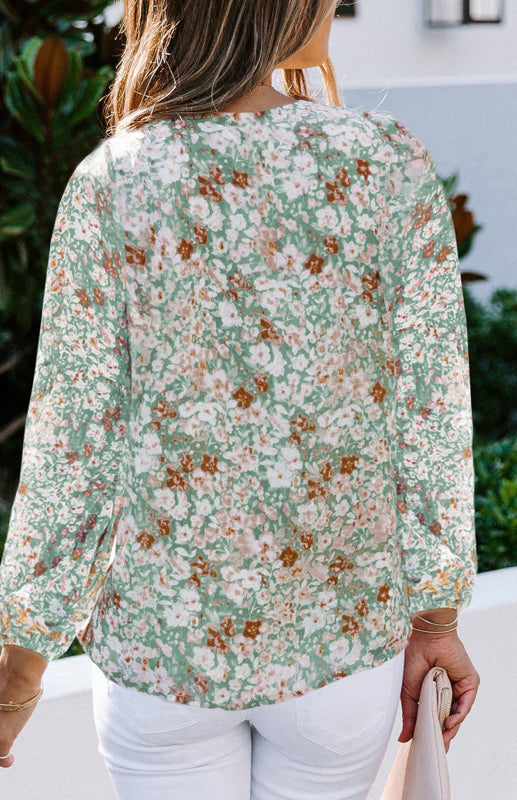 Cyra V-Neck Lantern Sleeve Curved Pendant Floral Print Chiffon Top