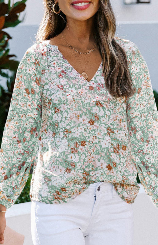 Cyra V-Neck Lantern Sleeve Curved Pendant Floral Print Chiffon Top