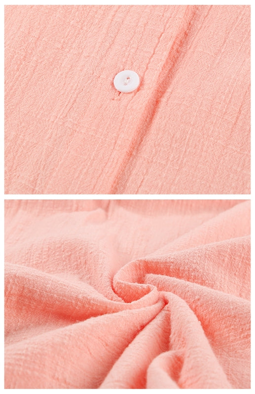 Ashlynn Linen Lapel Button Raglan Short Sleeve Shirt Curved Slit Hem Blouse