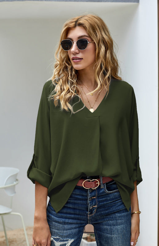 Caira V Neck 3/4 Sleeve High Low Hem Shirt