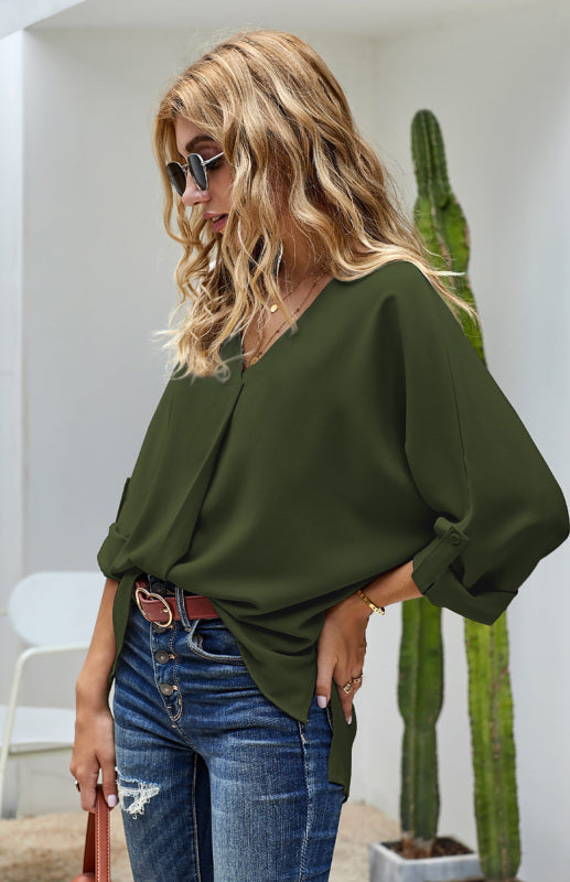 Caira V Neck 3/4 Sleeve High Low Hem Shirt