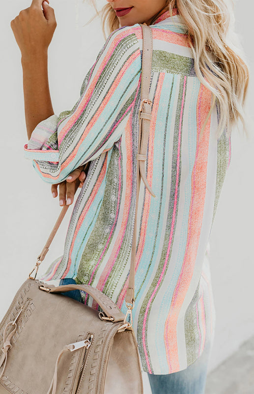 Bailyn Linen Turn-down Collar Sweet Enough Striped Button Up Top