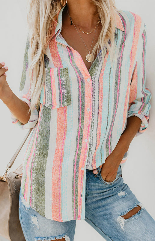 Bailyn Linen Turn-down Collar Sweet Enough Striped Button Up Top
