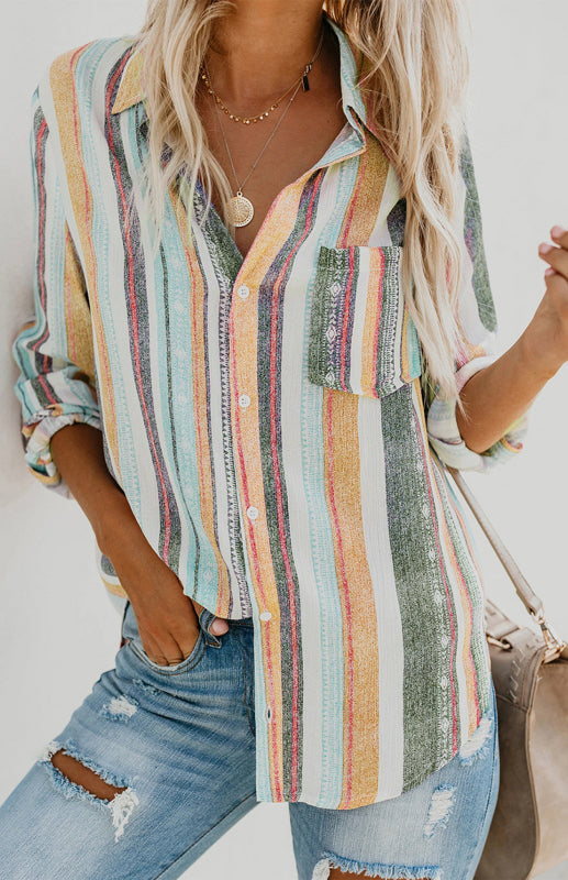 Bailyn Linen Turn-down Collar Sweet Enough Striped Button Up Top