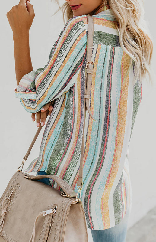 Bailyn Linen Turn-down Collar Sweet Enough Striped Button Up Top