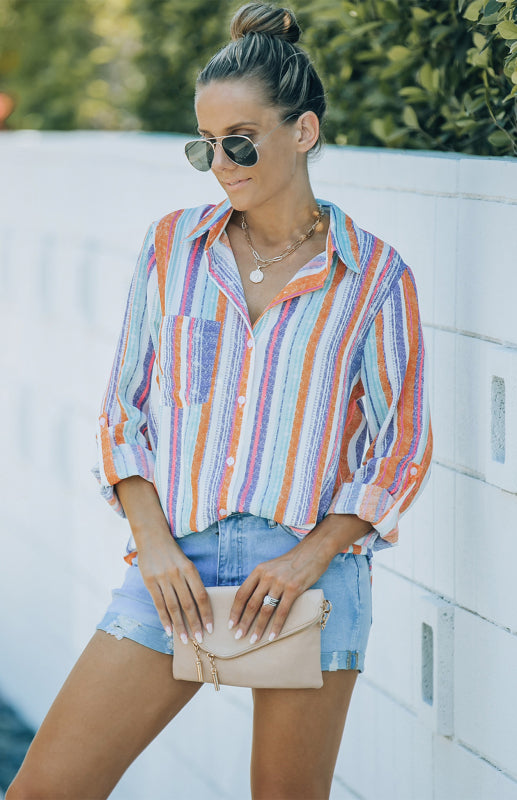 Bailyn Linen Turn-down Collar Sweet Enough Striped Button Up Top