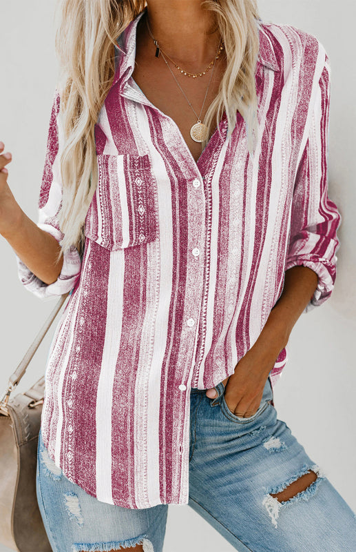 Bailyn Linen Turn-down Collar Sweet Enough Striped Button Up Top