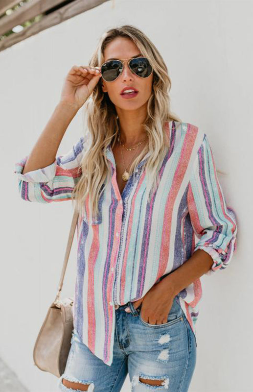 Bailyn Linen Turn-down Collar Sweet Enough Striped Button Up Top