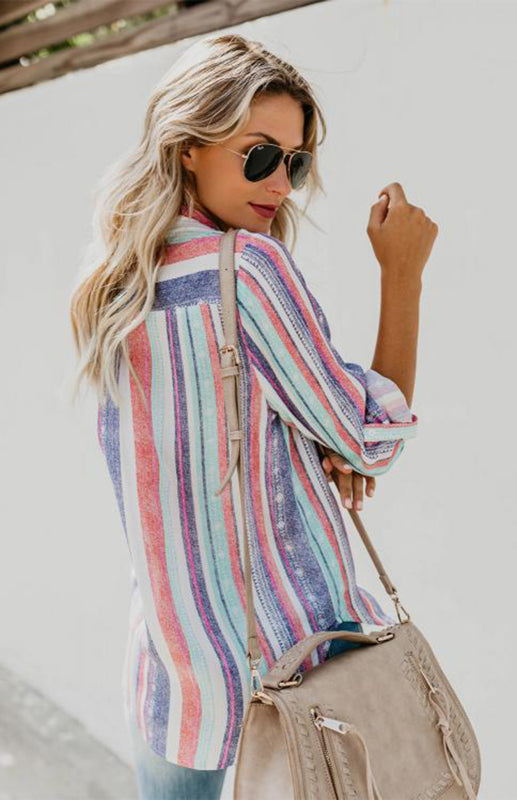 Bailyn Linen Turn-down Collar Sweet Enough Striped Button Up Top