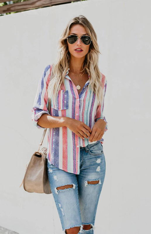 Bailyn Linen Turn-down Collar Sweet Enough Striped Button Up Top