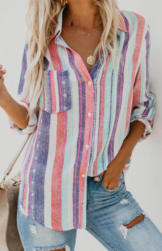Bailyn Linen Turn-down Collar Sweet Enough Striped Button Up Top