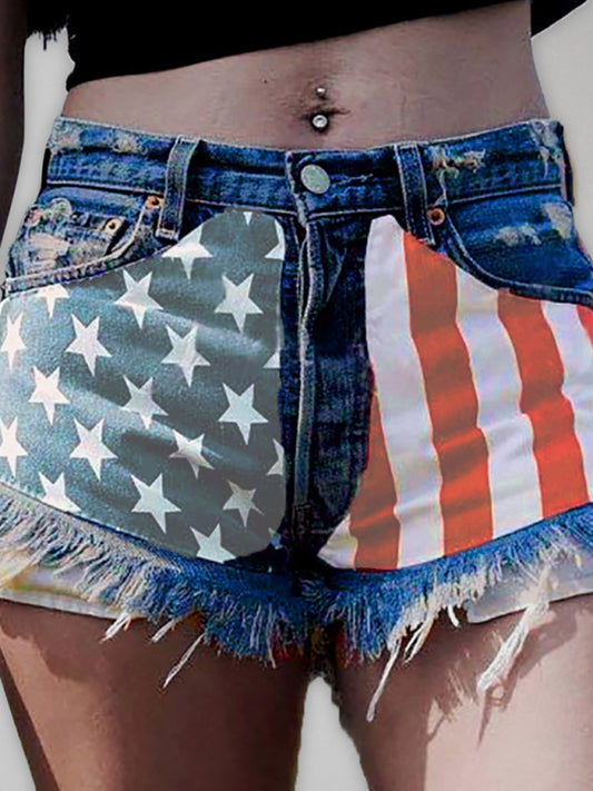 Lexie Women's American Flag Fringe Star Print Denim Shorts