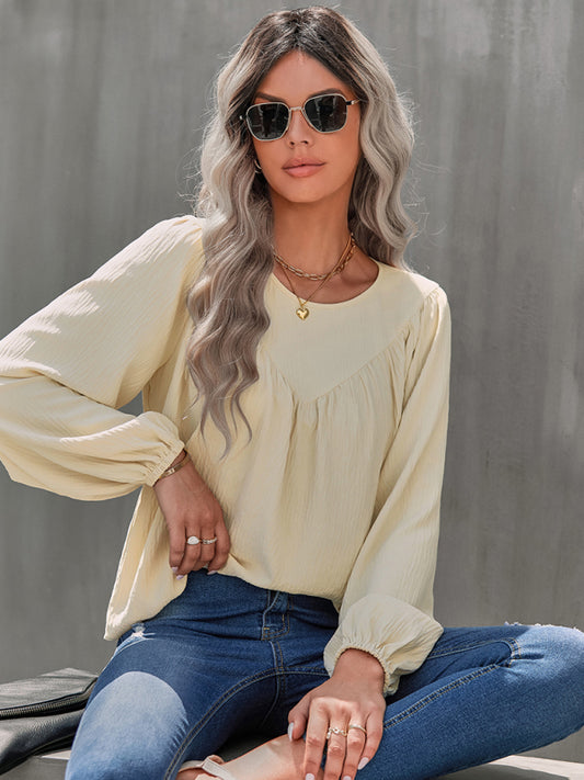 Caren Women's Casual Loose Round Neck Solid Color Pullover Shirt