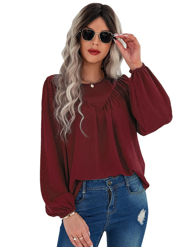 Caren Women's Casual Loose Round Neck Solid Color Pullover Shirt