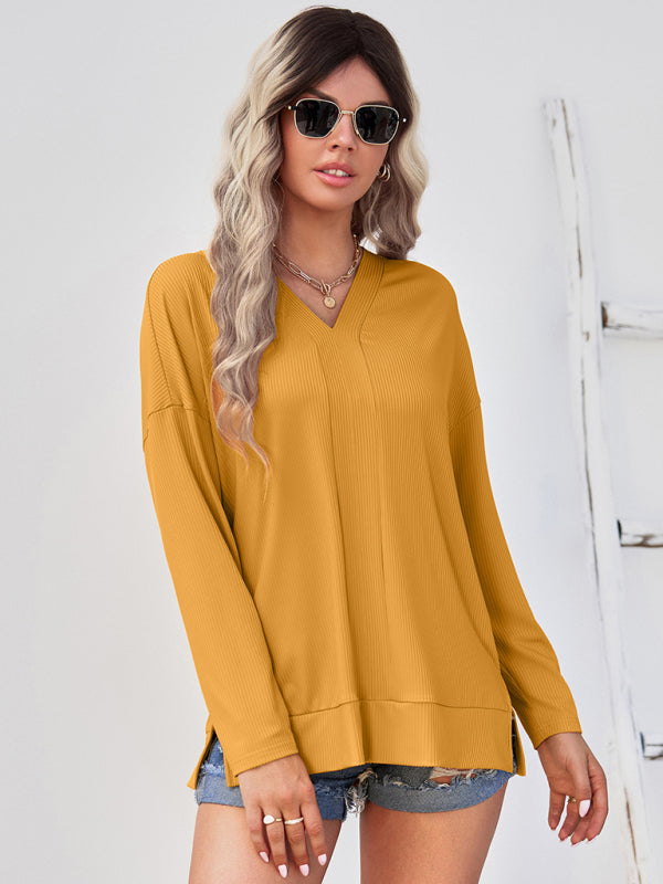 Louisa Women's Solid Color Pullover Thin Knit V-Neck Knit Top