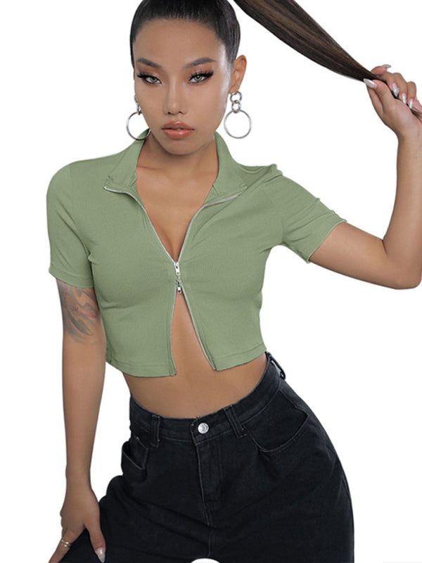 Trinity Women's Tight-Fitting Sexy Zipper Lapel Top