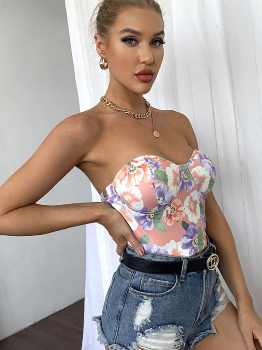 Meadow Women's Tube Top-Back Printing Blossoms Are Thin Wrapped Chest Top