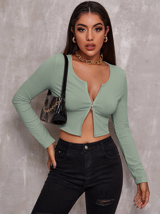 Ruby Women's Retro Tight Sexy Zipper Long Sleeve Top
