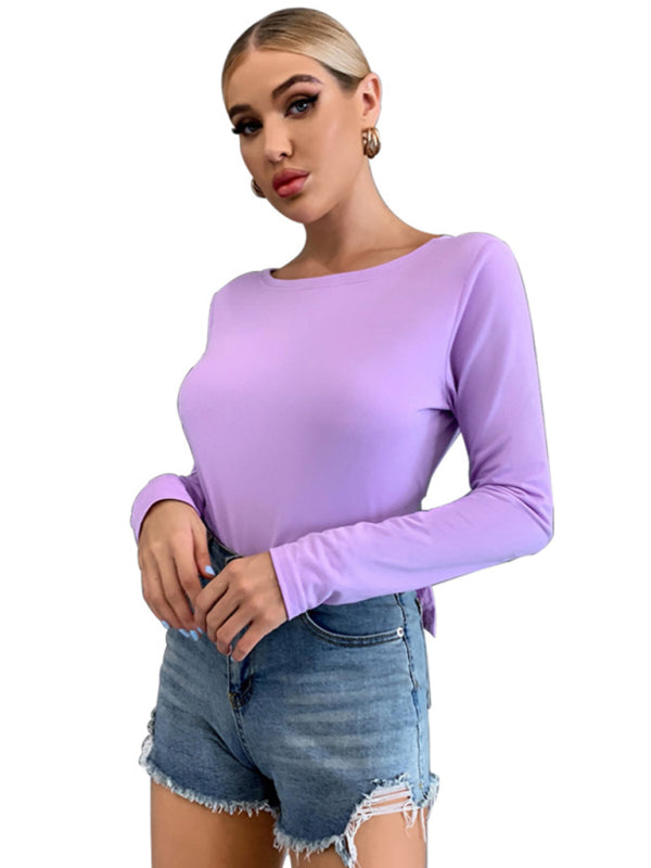 Colleen Women's Hollowed Back Tie Tie Long-Sleeved T-Shirt