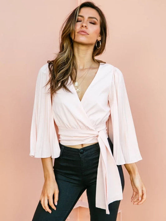Ariella Women's Long-Sleeved Thin V-Neck Flared Sleeve Top