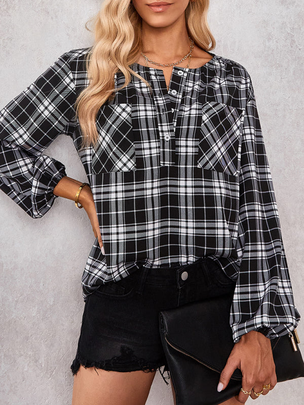Anissa Women's Fashion Check Round Neck Shirt