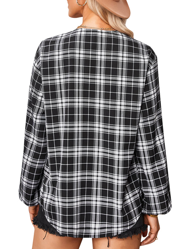 Anissa Women's Fashion Check Round Neck Shirt