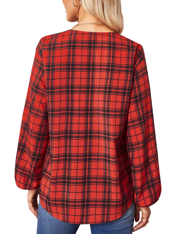 Anissa Women's Fashion Check Round Neck Shirt