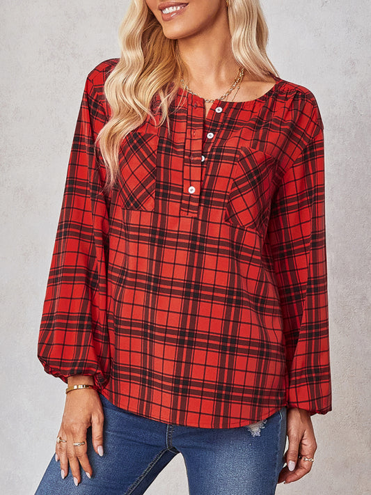 Anissa Women's Fashion Check Round Neck Shirt