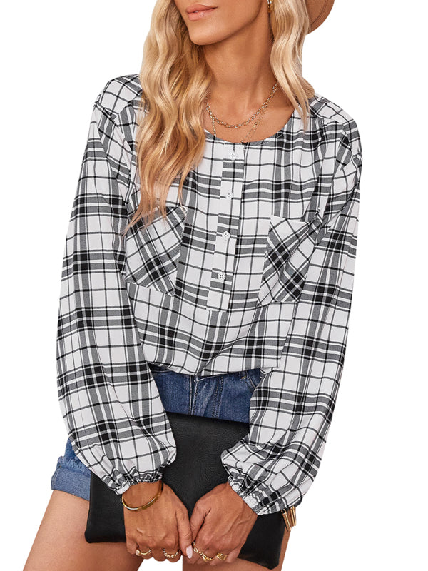 Anissa Women's Fashion Check Round Neck Shirt