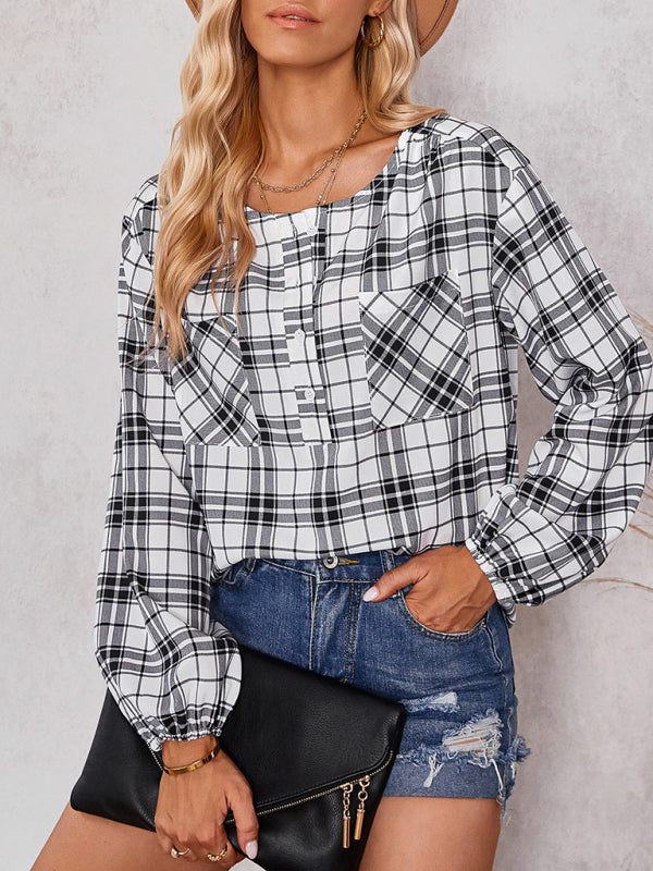Anissa Women's Fashion Check Round Neck Shirt