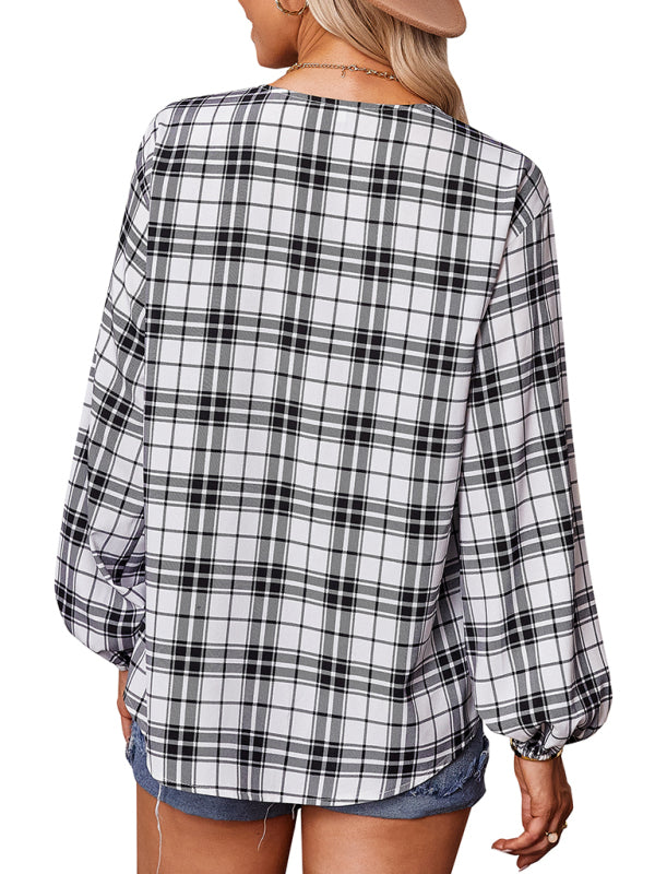 Anissa Women's Fashion Check Round Neck Shirt