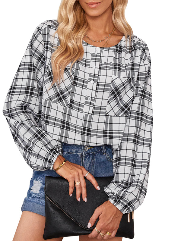 Anissa Women's Fashion Check Round Neck Shirt