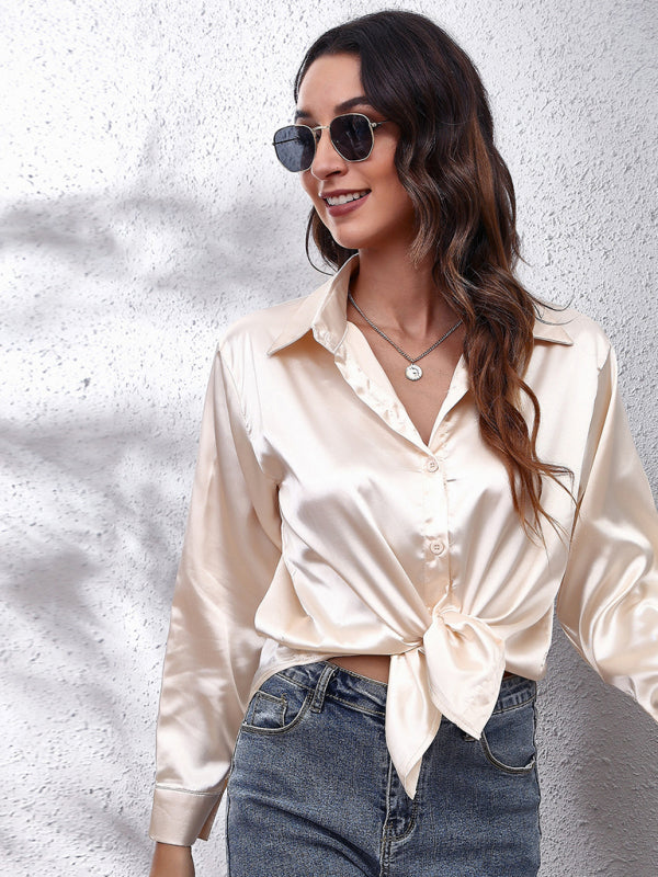 Anemone Women's Satin Imitation Silk Long Sleeved Shirt