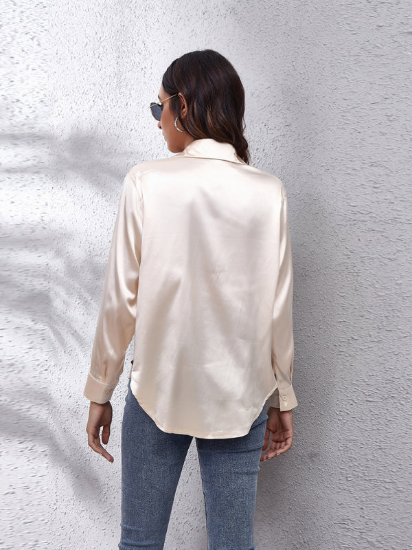 Anemone Women's Satin Imitation Silk Long Sleeved Shirt